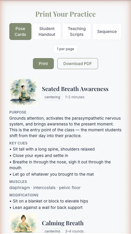 Sahagati print preview of pose cards showing Seated Breath Awareness with purpose, key cues, muscles and modifications, above the Print and Download PDF buttons