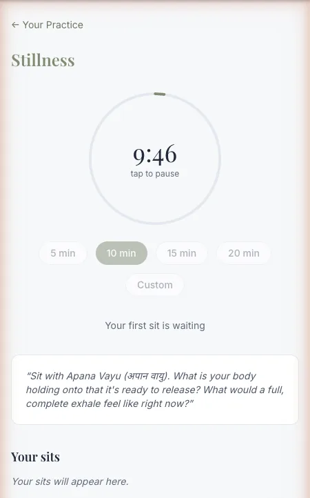 Sahagati stillness timer counting down from ten minutes inside a ring, with five, ten, fifteen and twenty minute options and a reflection prompt beneath
