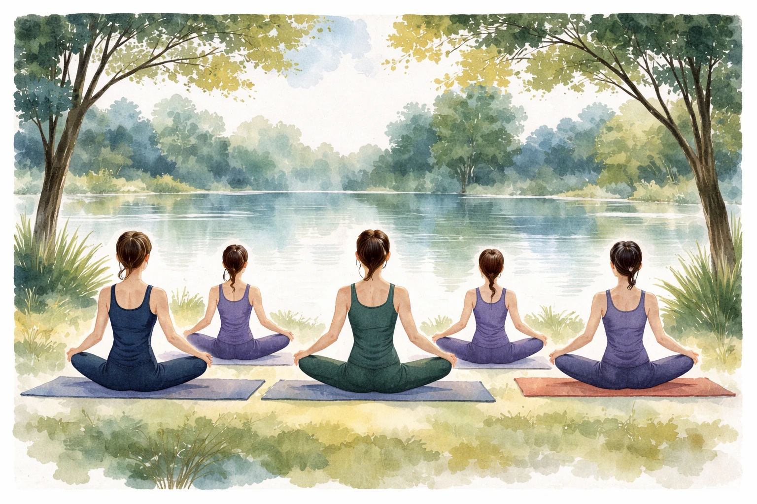 Watercolor painting of a group seated in meditation by a tranquil lake