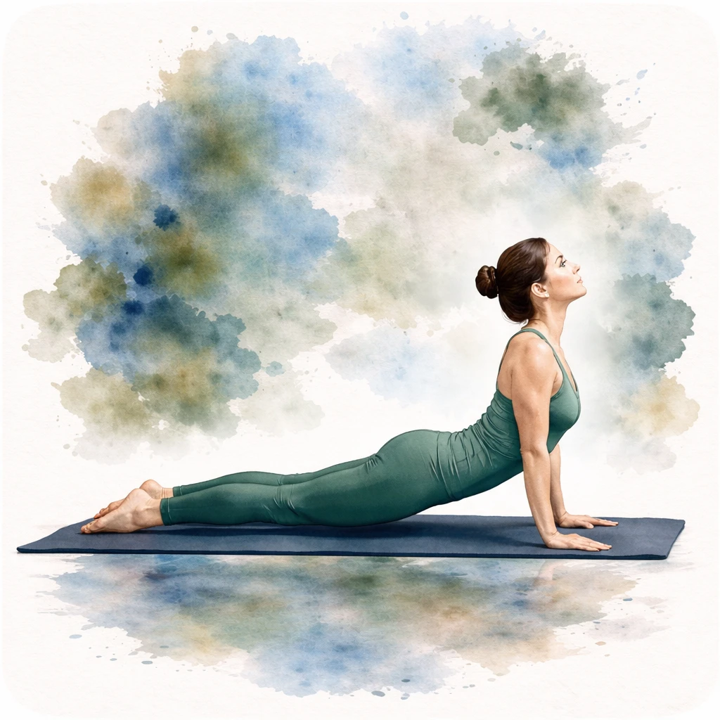 Watercolor illustration of Cobra Pose (Bhujangasana)