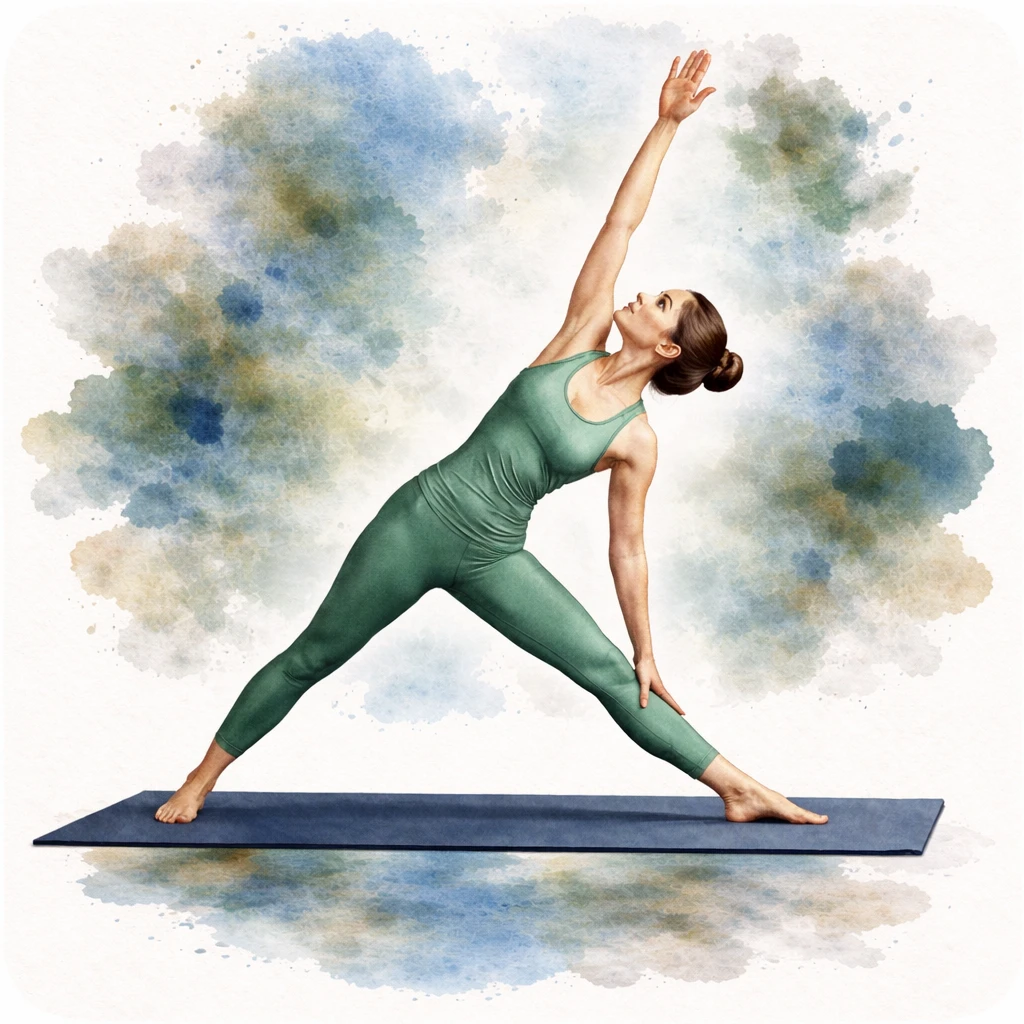 Watercolor illustration of Exalted Triangle Pose (Utthita Trikonasana)