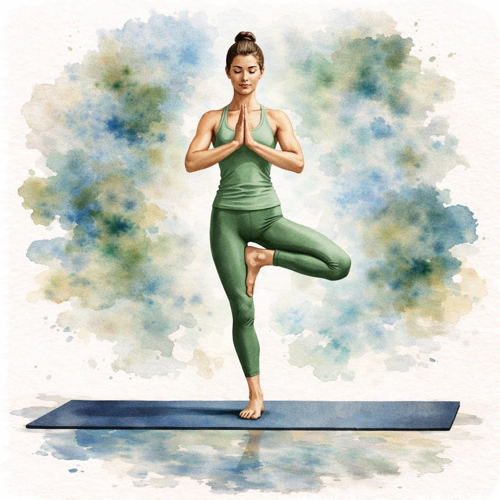 Watercolor illustration of Tree Pose (Vrksasana)